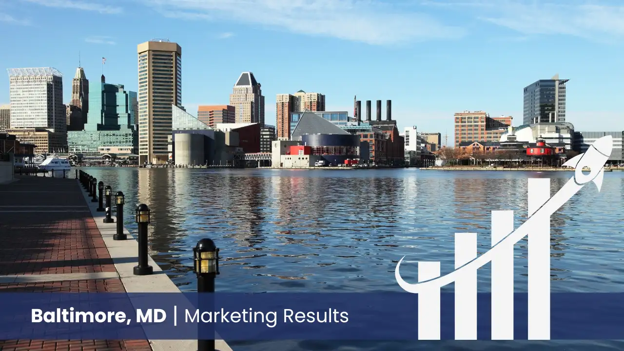 City of Baltimore with graph showcasing marketing results 