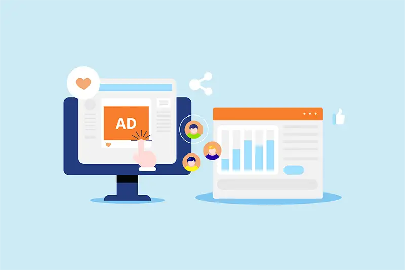 Social media ad on monitor and browser with growth chart metrics Social media ad on monitor and browser with growth chart metrics