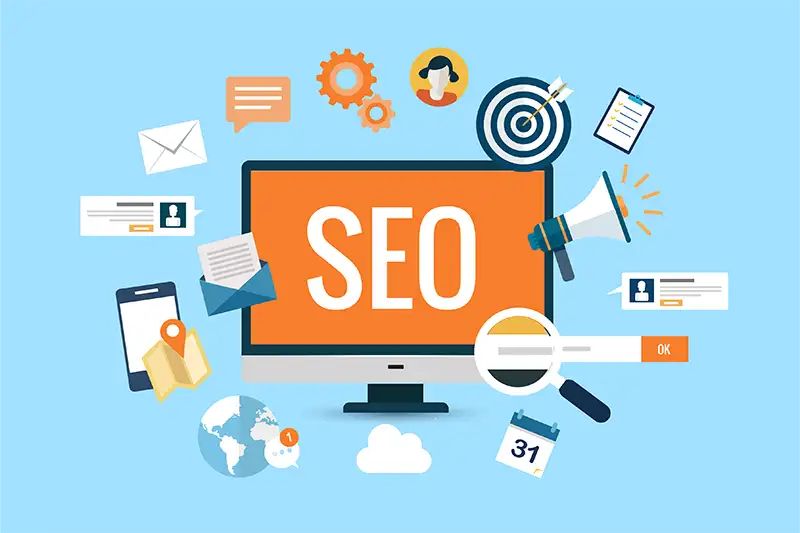SEO on monitor with various search icons