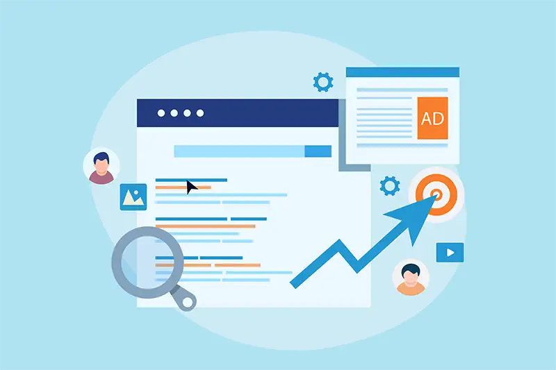 Website browser with search results and ad with magnifying glass Website browser with search results and ad with magnifying glass