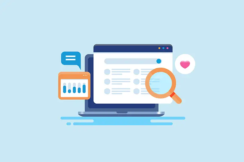 Magnifying glass in front of website browser with search results, analytics, and graphs Magnifying glass in front of website browser with search results, analytics, and graphs