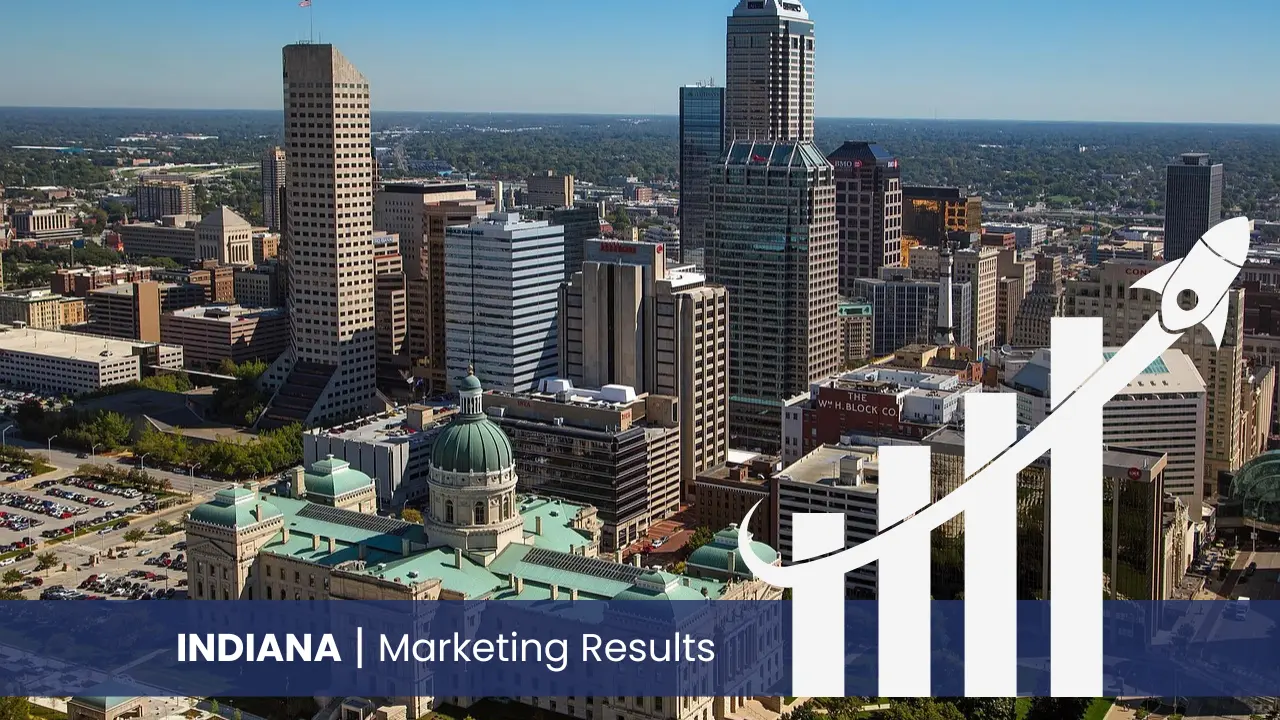 Indiana skyline with graph showcasing marketing results 