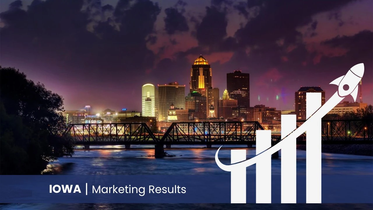 Des Moines downtown skyline at twilight over the Des Moines River — Iowa dental marketing services 