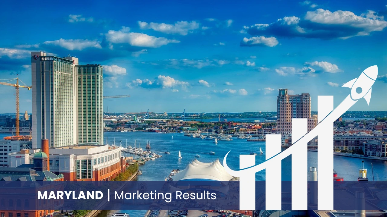 Baltimore Harbor in Maryland with graph showcasing marketing results 