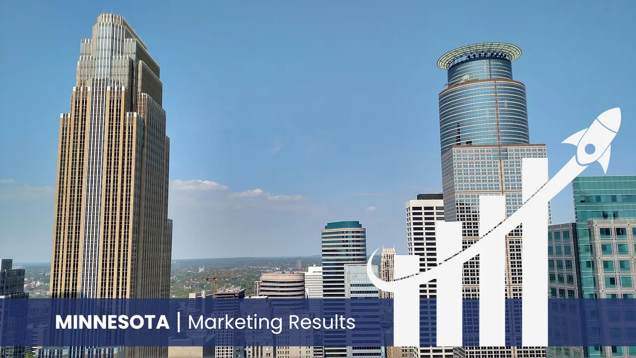 Minnesota skyline with graph showcasing marketing results 