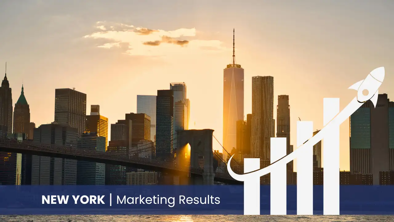 New York skyline with graph showcasing marketing results 