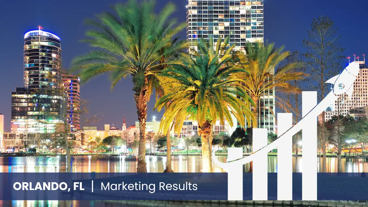 Orlando skyline with graph showcasing marketing results 