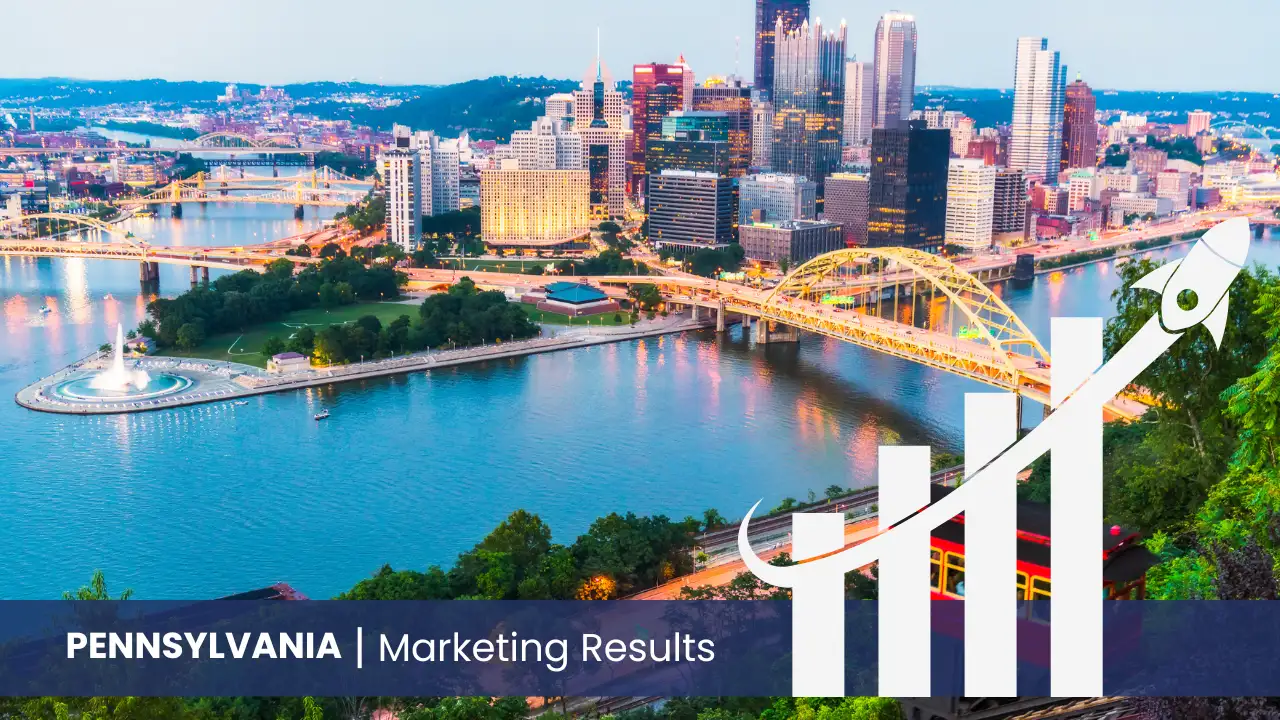 Pennsylvania skyline with graph showcasing marketing results 
