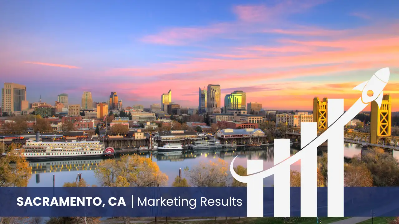 Sacramento skyline with graph showcasing marketing results 