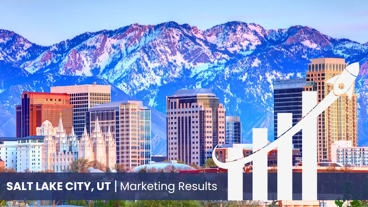 Salt Lake City skyline with graph showcasing marketing results 