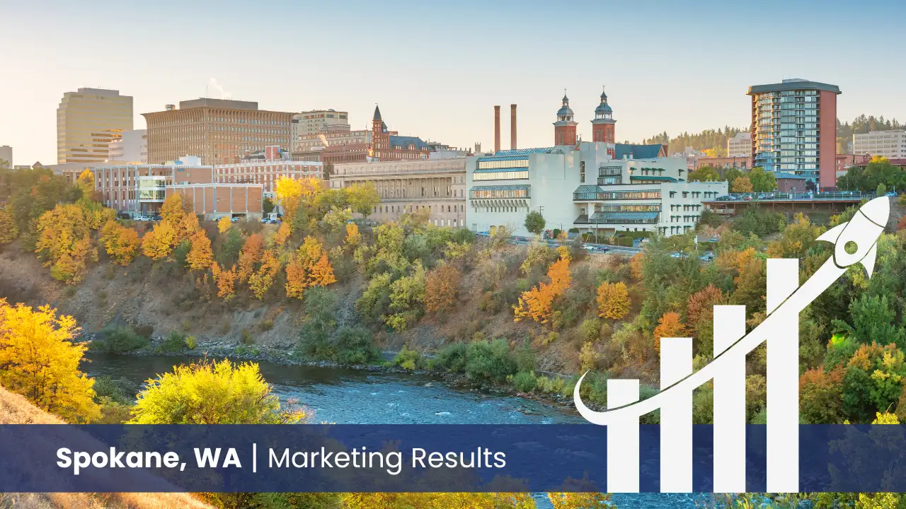 Spokane skyline with graph showcasing marketing results 