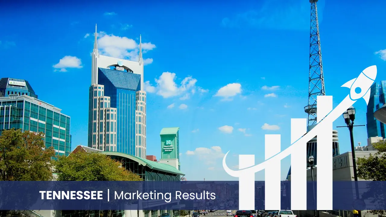Tennessee skyline with graph showcasing marketing results 
