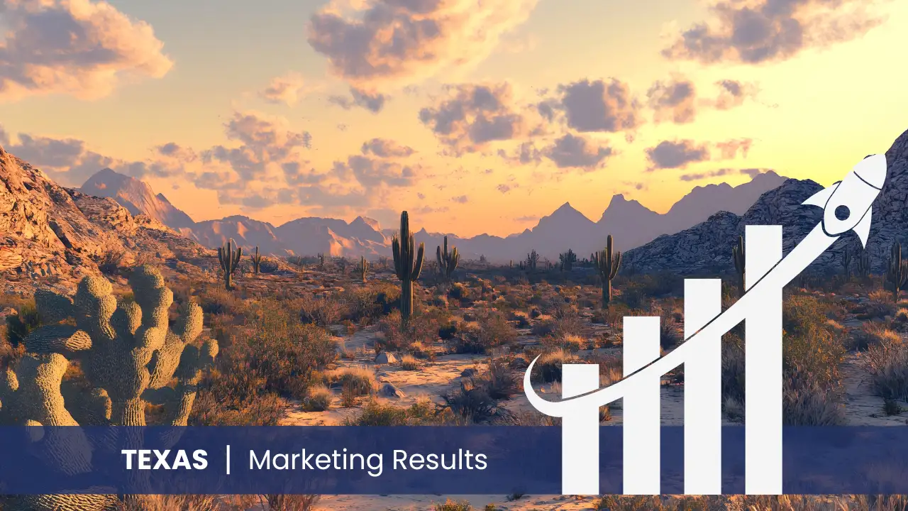 Texas skyline with graph showcasing marketing results 