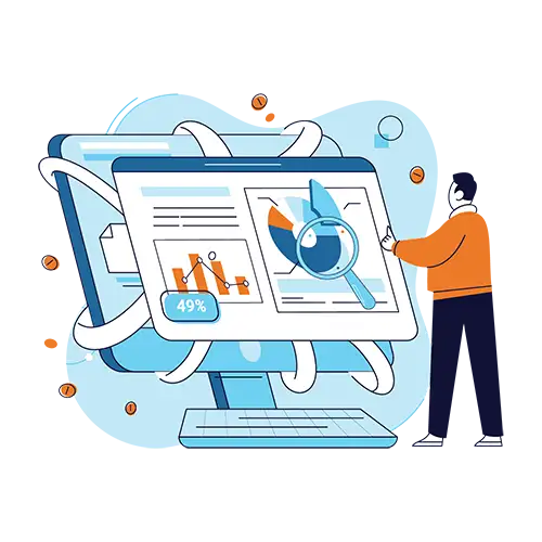 Person viewing charts and graphs on a computer monitor browser with a magnifying glass