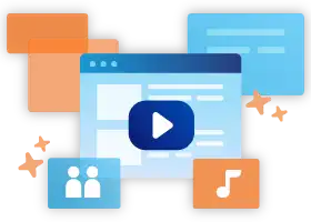 Play button overlayed on a website with icons for friends and music 