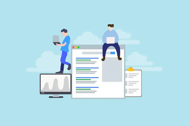 People researching on browser with search listings People researching on browser with search listings