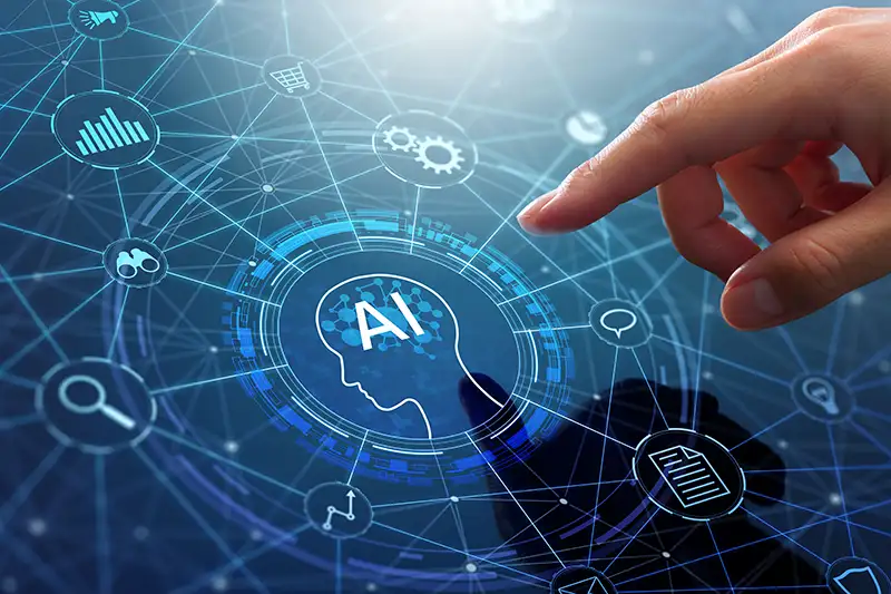 Finger pointing to head and AI icon on application network