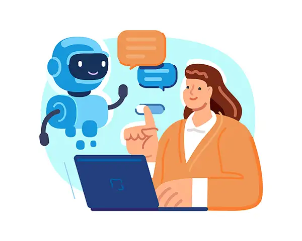 Person typing on laptop speaking to chat bot