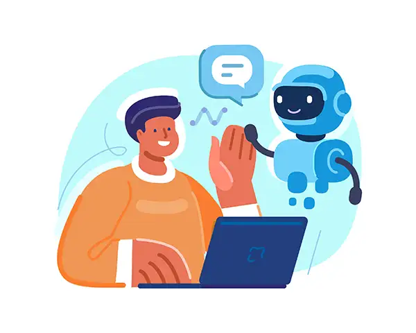 Person using laptop works with artificial intelligence virtual robot assistant