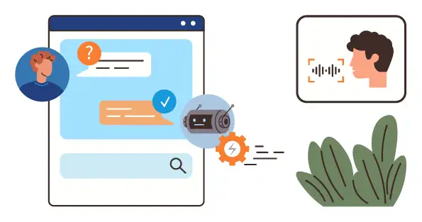 Chat interface with user prompts, chatbot replies, voice input recognition, and a processing bot