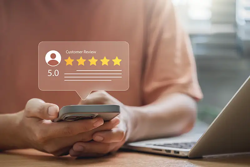 Person viewing customer review on smartphone