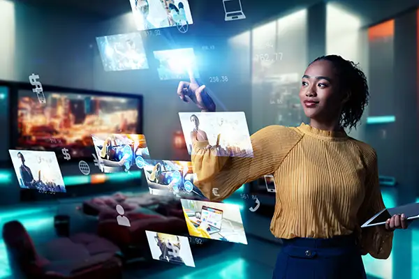Woman browsing several digital screens