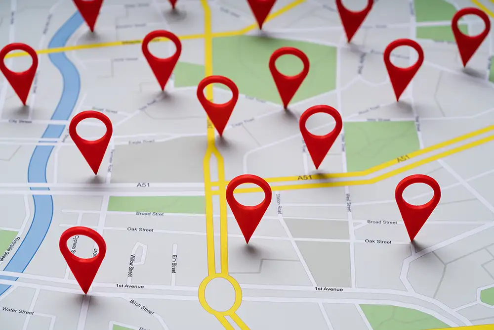 Location pins across a map