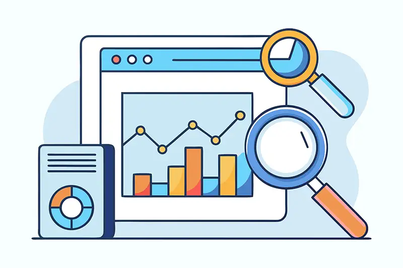 Magnifying glass over charts and graph analytics Magnifying glass over charts and graph analytics
