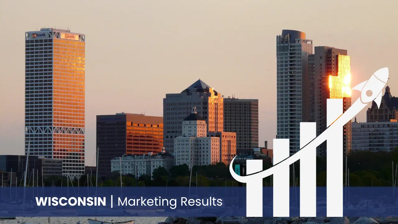 Wisconsin skyline with graph showcasing marketing results 