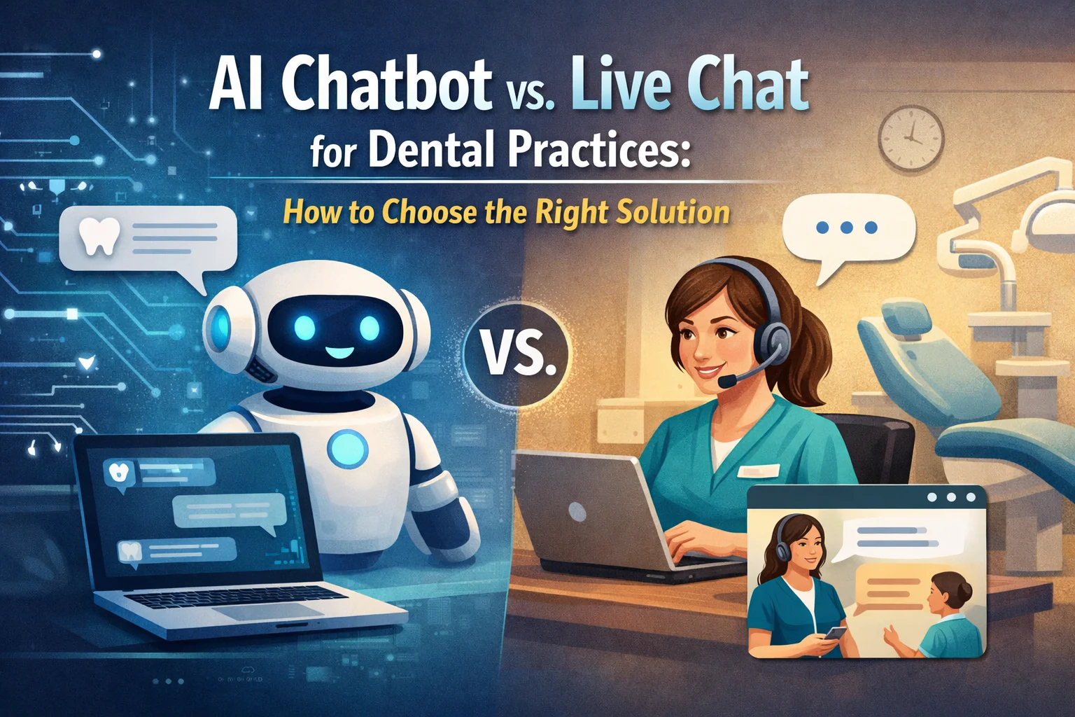 AI chatbot vs live chat for dental practices illustration showing a dental website chatbot on one side and a live receptionist chatting with a patient on the other.