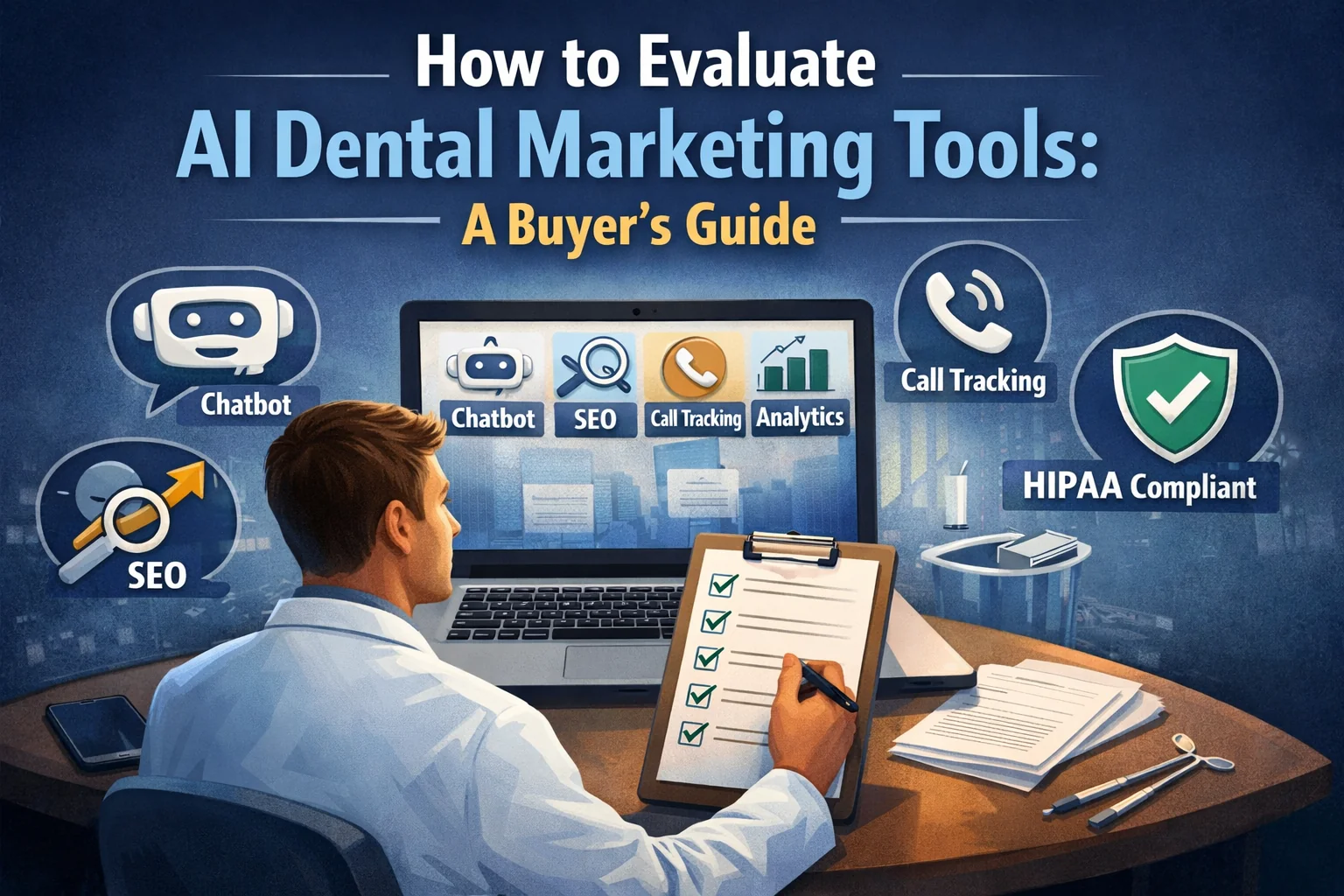 Illustration of a dentist evaluating AI dental marketing tools on a laptop, comparing chatbot, SEO, call tracking, analytics, and HIPAA compliance in a buyer’s guide for dental practices.