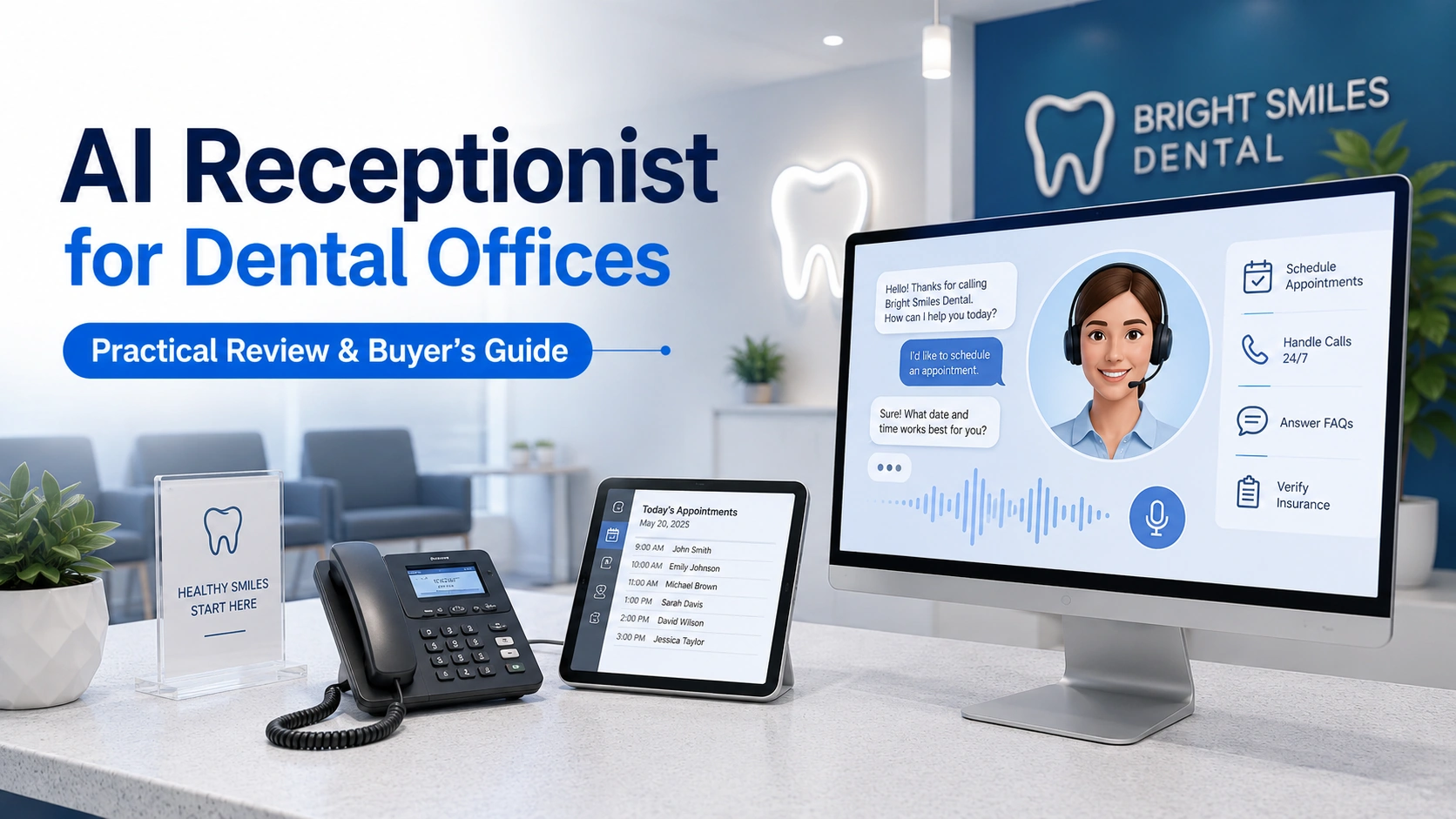 AI receptionist for dental offices shown on a dental office computer interface for call handling, appointment scheduling, FAQs, and insurance verification