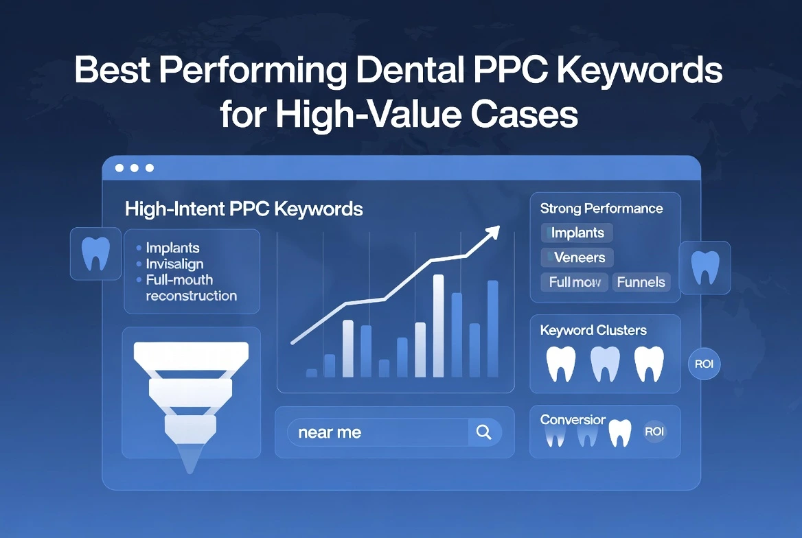 Illustration showing high-intent dental PPC keywords with charts, funnels, ‘near me’ search bar, and icons for implants, Invisalign, and full-mouth reconstruction, representing best-performing PPC keywords for high-value dental cases.