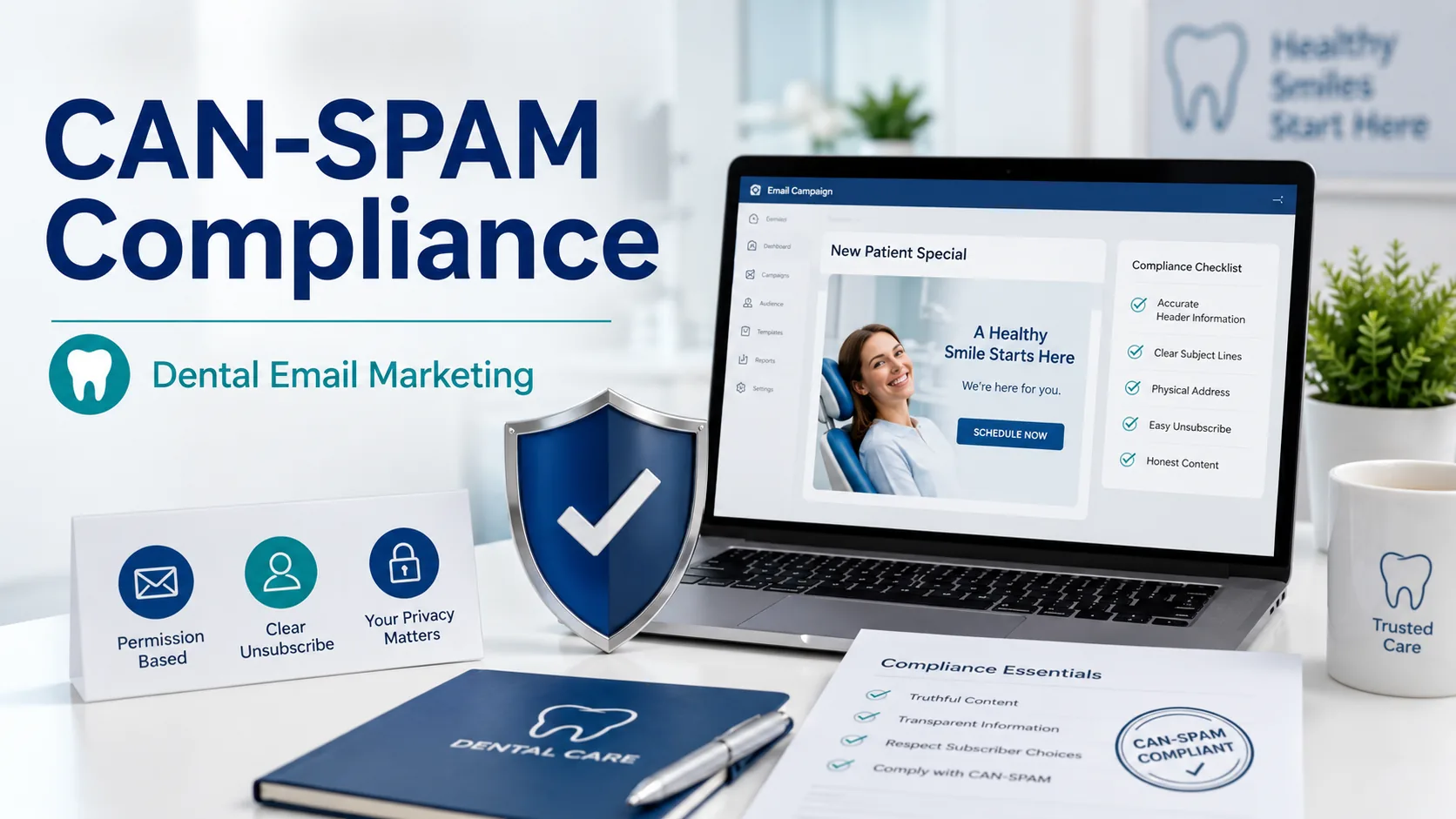 CAN-SPAM compliance for dental email marketing with email campaign dashboard, unsubscribe requirements, physical address, and compliance checklist