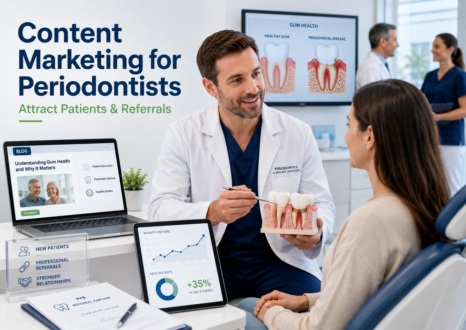 Content marketing for periodontists with a gum health consultation, dental blog, new-patient analytics, and professional referral materials.