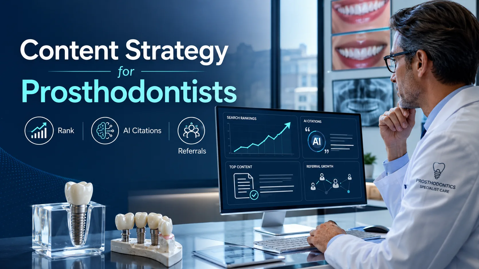 Prosthodontist reviewing a content strategy dashboard with search rankings, AI citations, referral growth, and dental implant models.