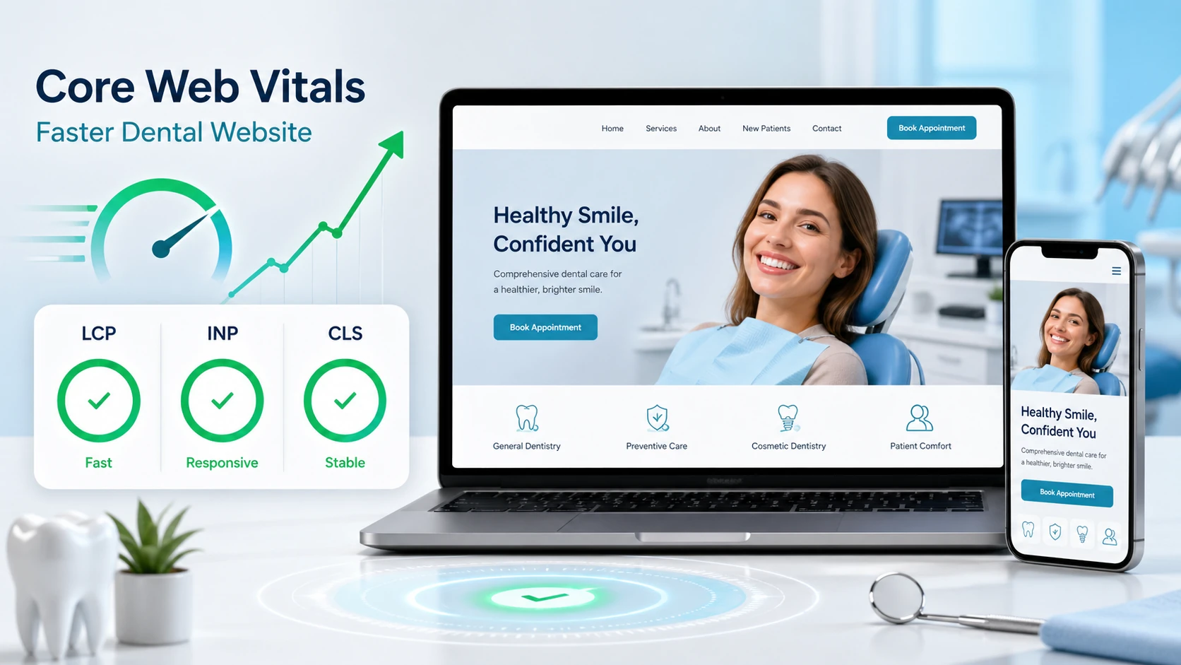 Core Web Vitals dental website optimization image showing a fast responsive dental website on laptop and phone with LCP, INP, and CLS performance checks