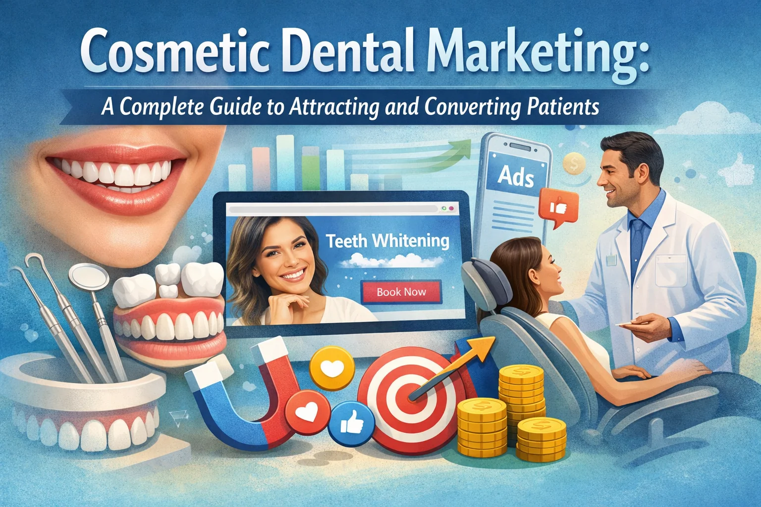 Cosmetic dental marketing illustration showing a bright smile, dentist consultation, teeth whitening offer on a screen, and digital marketing icons like ads, social engagement, targeting, and growth.