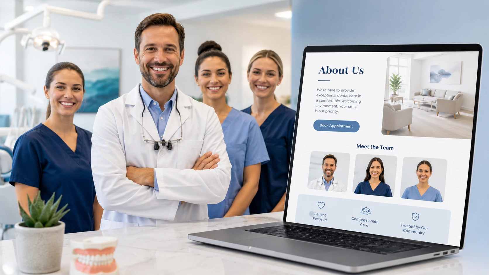 Dental team beside an About Us page website mockup showing team photos and a book appointment button for new patient conversion