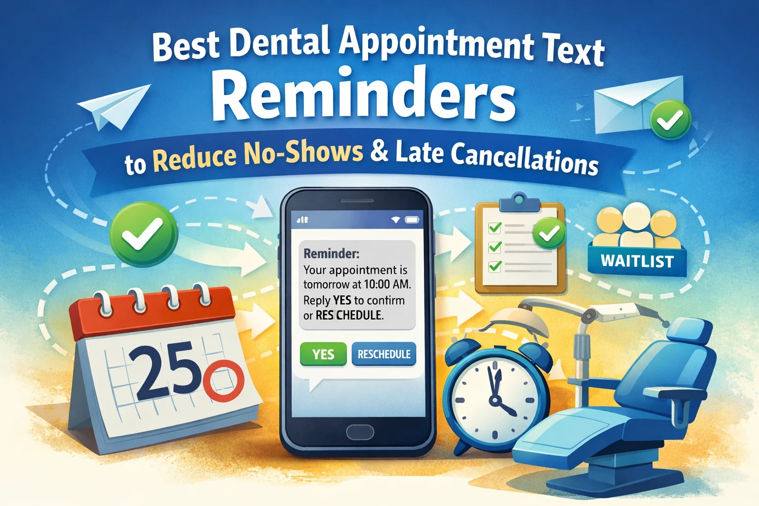 Illustration of a dental appointment SMS reminder on a smartphone with YES and RESCHEDULE buttons, plus calendar, clock, waitlist, and dental chair icons.