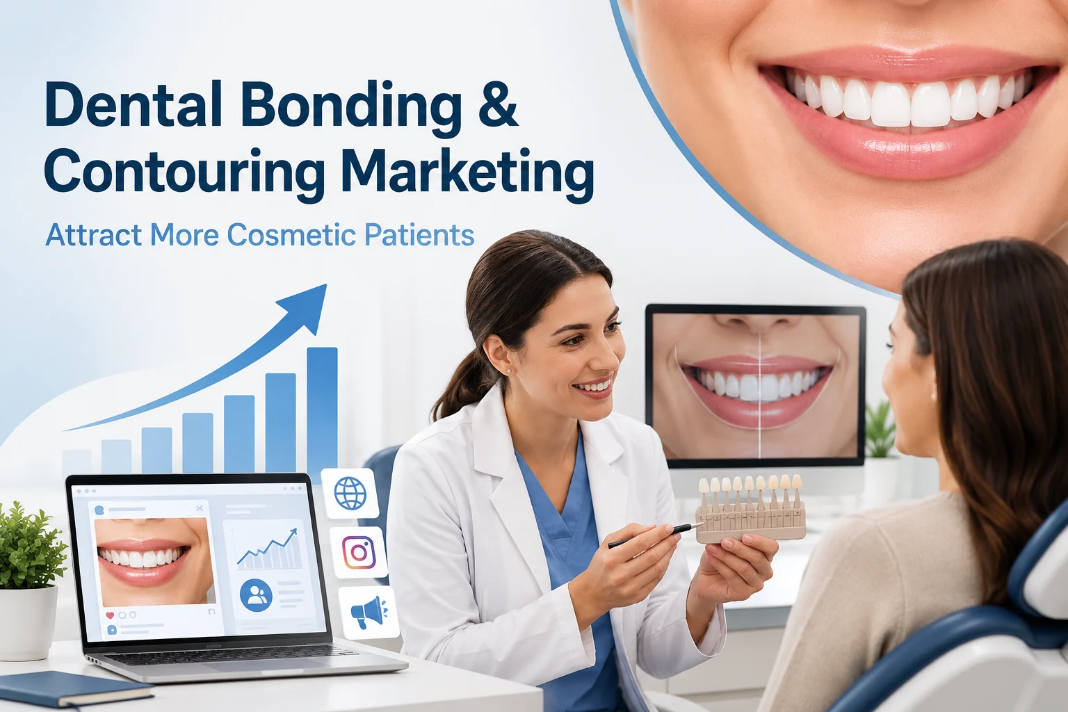 Dental bonding and contouring marketing concept showing a cosmetic dentist consulting with a patient, smile design imagery, and digital marketing growth graphics.
