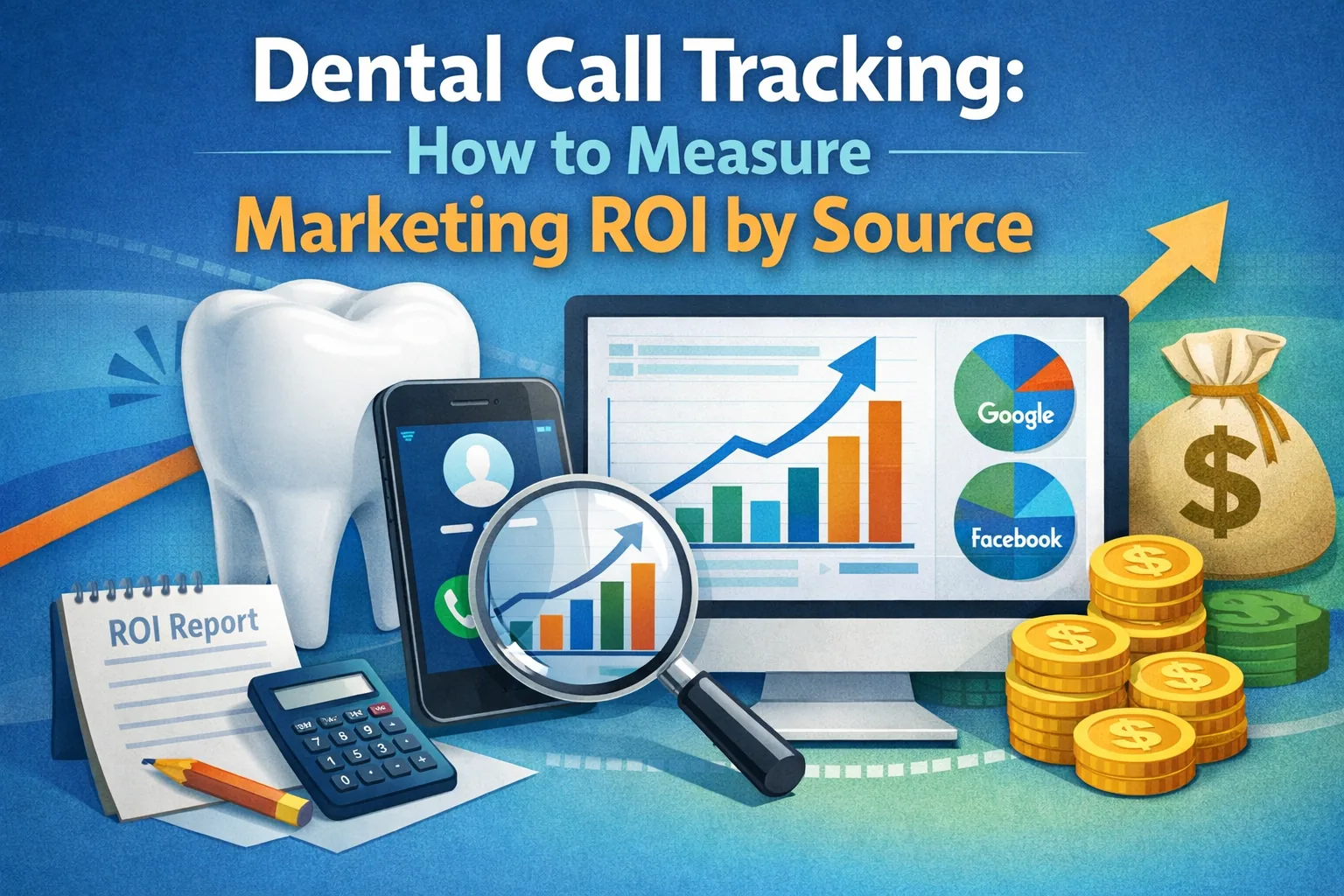 Dental call tracking dashboard showing phone calls and marketing ROI analytics by source, with tooth icon, charts, and channel breakdown for dental marketing attribution