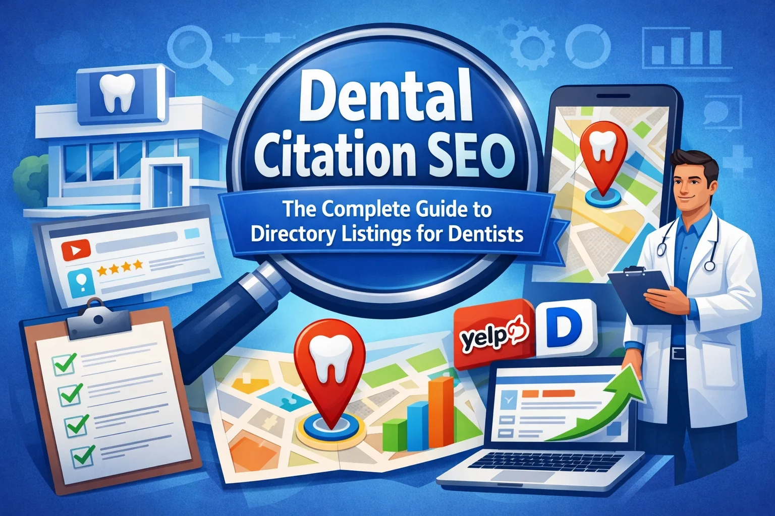 Dental citation SEO guide illustration showing directory listings for dentists, map pins, local listing screens, and ranking growth.