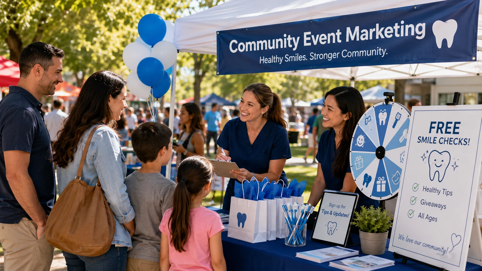 Dental community event marketing booth where a dental team offers free smile checks, giveaways, and local family outreach to grow a dental practice