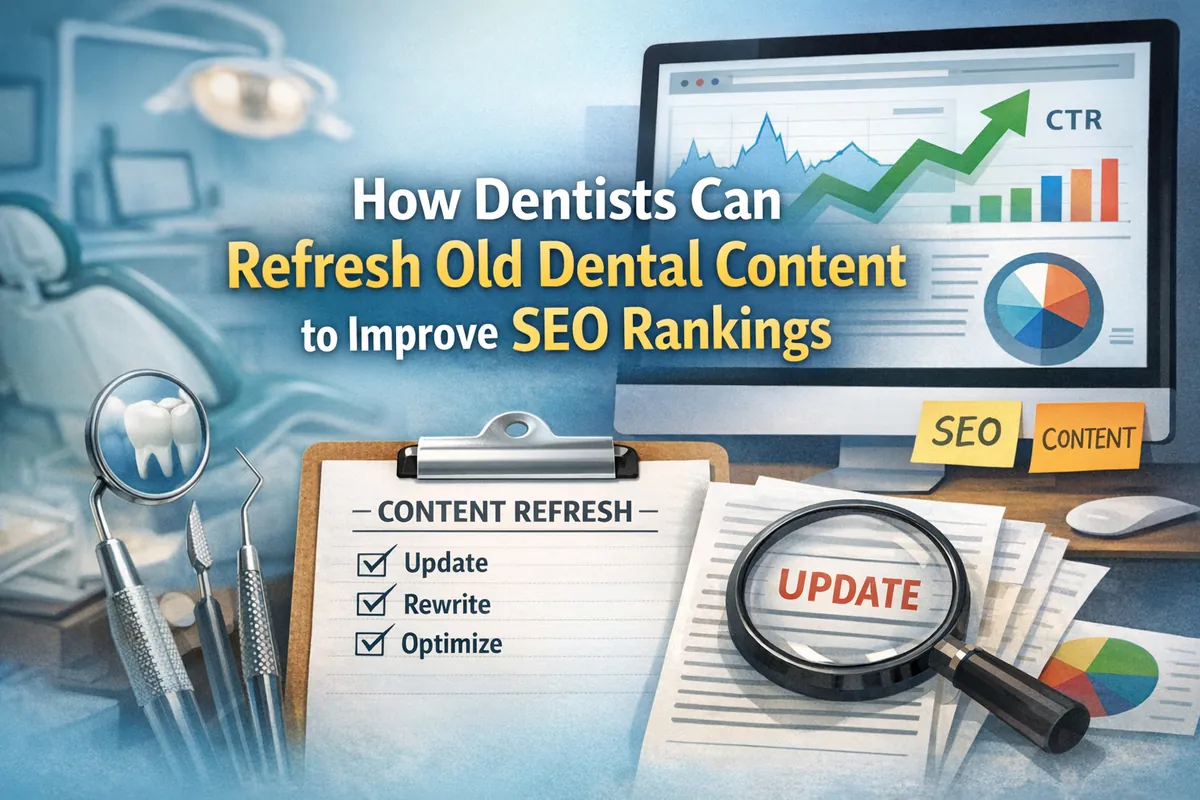 Dental tools and a content refresh checklist beside a monitor showing rising SEO performance and CTR.