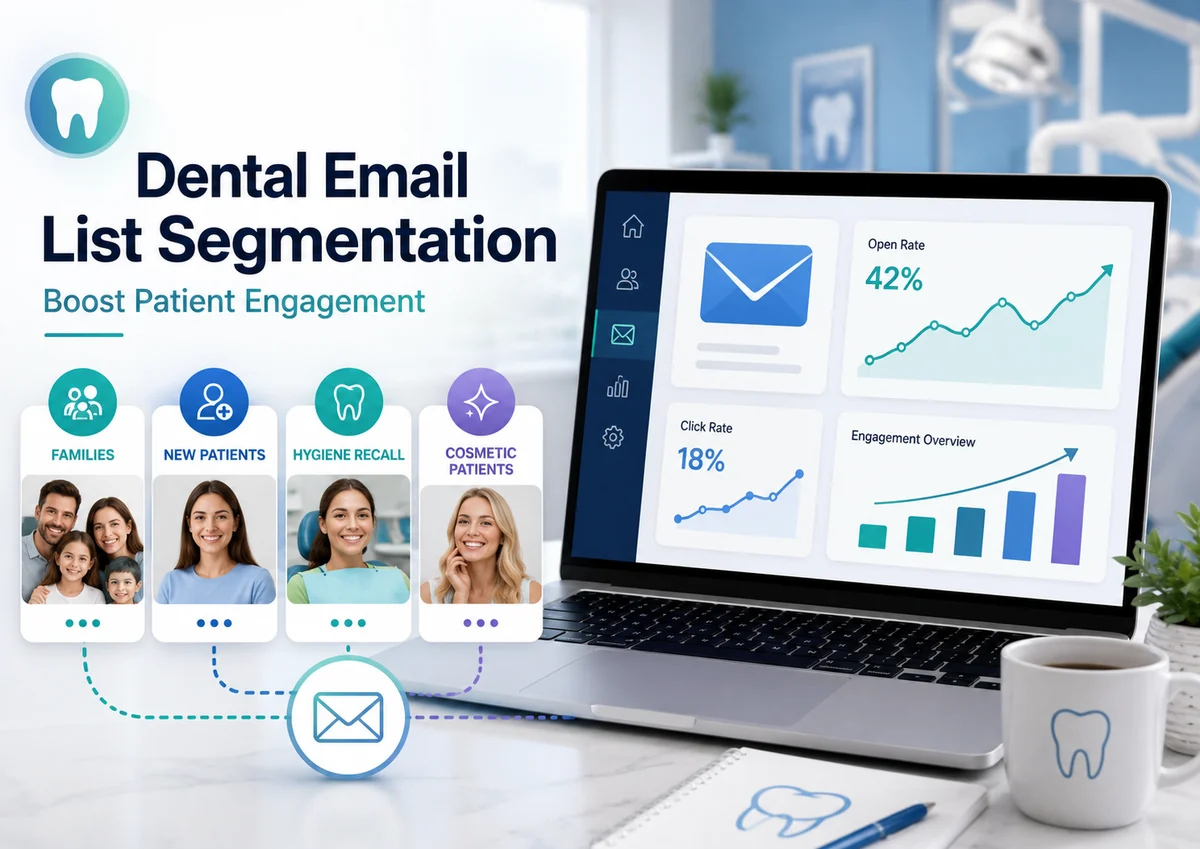 Dental email list segmentation dashboard showing patient groups, email engagement metrics, and dental marketing analytics to boost patient engagement