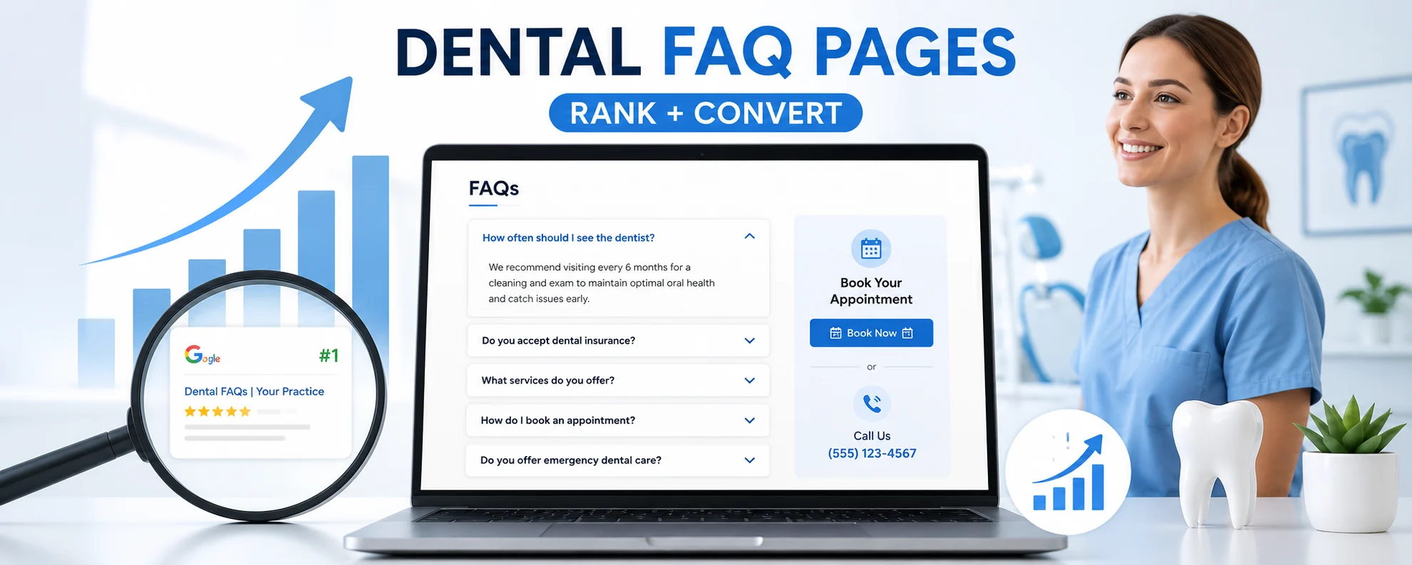 Dental FAQ page design showing search ranking growth, FAQ accordions, and appointment booking elements for a dental website that ranks and converts patients.