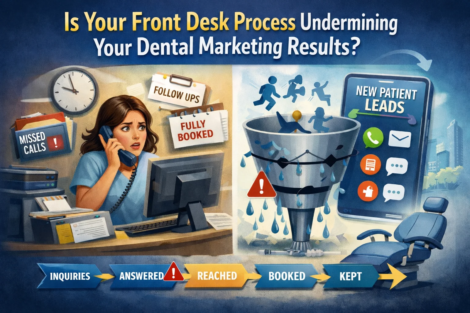 Dental marketing intake illustration showing a stressed front-desk receptionist, missed calls, and a leaking lead funnel beside a “New Patient Leads” phone, with the conversion path: inquiries → answered → reached → booked → kept.