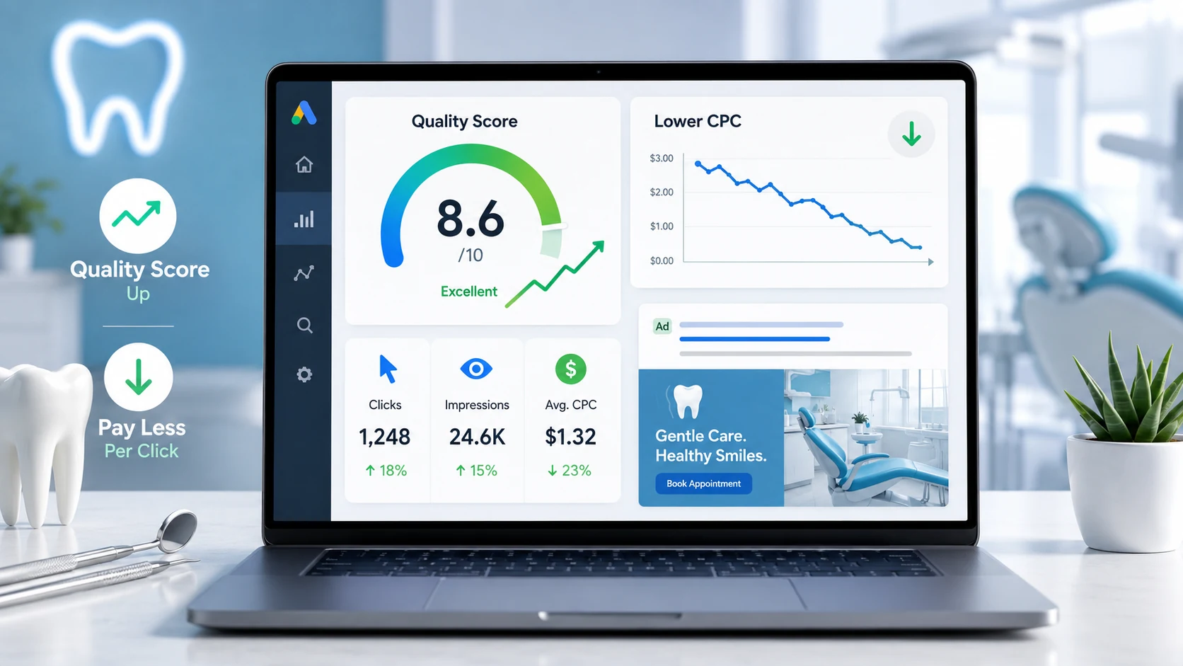 Dental Google Ads Quality Score dashboard showing improved ad relevance and lower cost per click for a dental practice
