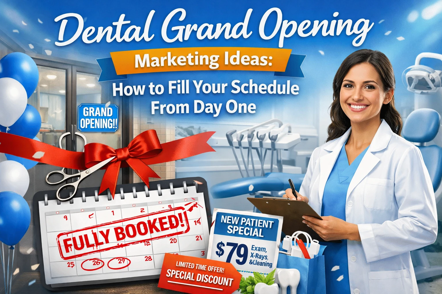 Dental grand opening marketing ideas featured image showing a smiling dentist at a ribbon-cutting event with a fully booked appointment calendar and new patient special, illustrating how to fill your schedule from day one.